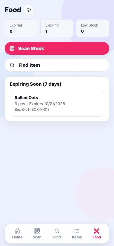 StowCue Food screen with pantry quantities and food expiration information