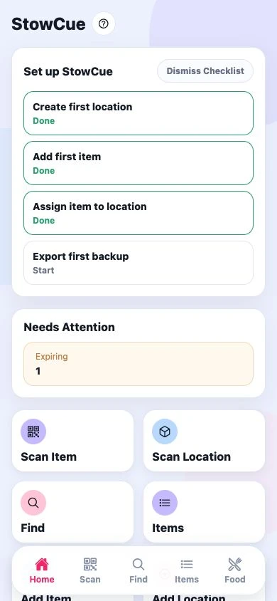 StowCue home screen with scanning, search, item, and location shortcuts